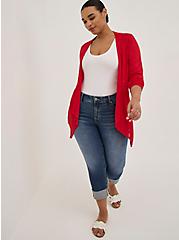 Slub Cardigan Drape Front Sweater, RED, alternate