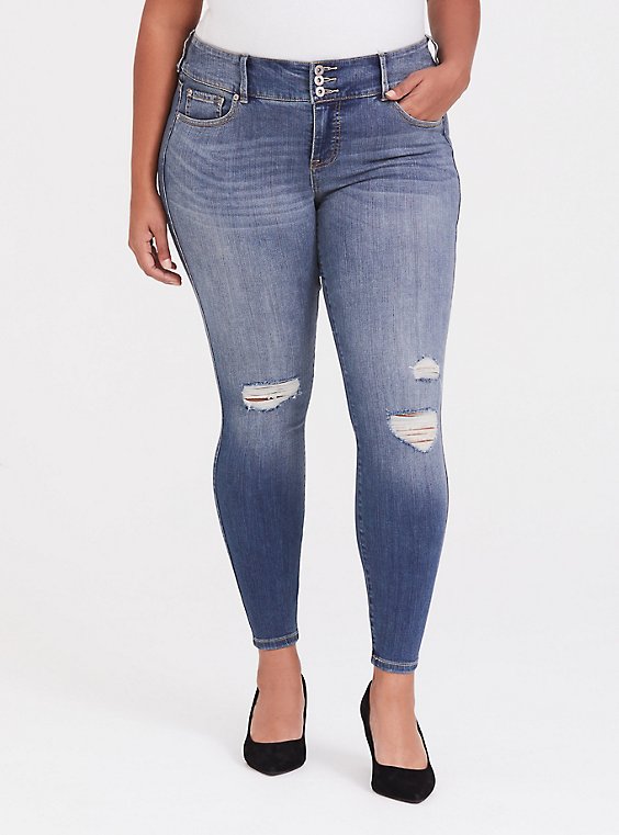 Plus Size - Torrid Skinny Jeans - Medium Wash with Destruction - Torrid