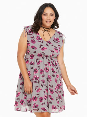 Plus Size - Floral Print Tie Sleeve Chiffon Skater Dress - Torrid