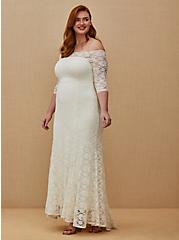 Ivory Lace Off Shoulder Fit & Flare Wedding Dress, , alternate