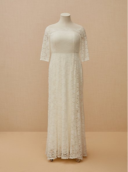 Ivory Lace Off Shoulder Fit & Flare Wedding Dress, CLOUD DANCER, hi-res