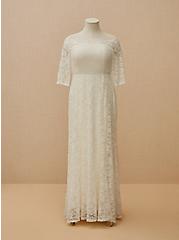 Ivory Lace Off Shoulder Fit & Flare Wedding Dress, , hi-res