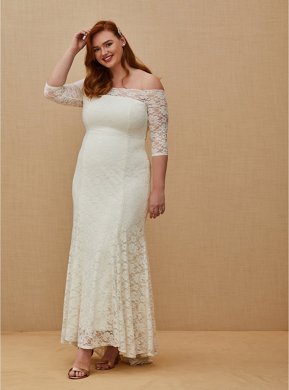 Ivory Lace Off Shoulder Fit & Flare Wedding Dress, , hi-res