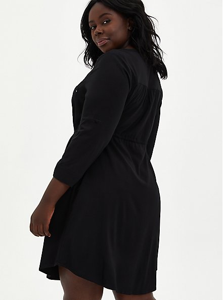 Plus Size Mini Challis Zip-Front Shirt Dress, BLACK, alternate
