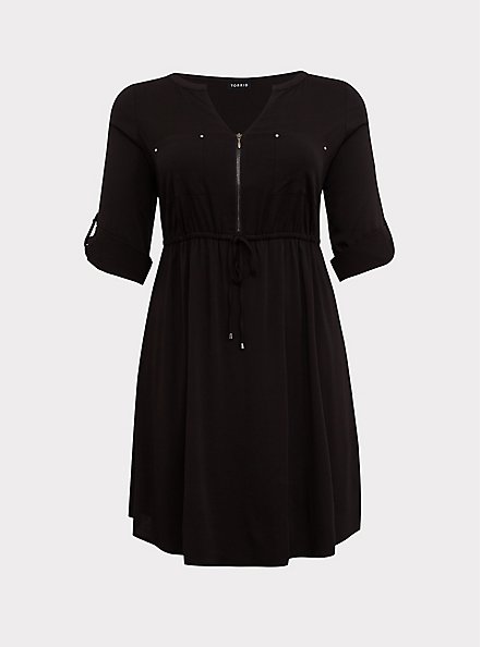 Mini Challis Zip-Front Shirt Dress, BLACK, hi-res