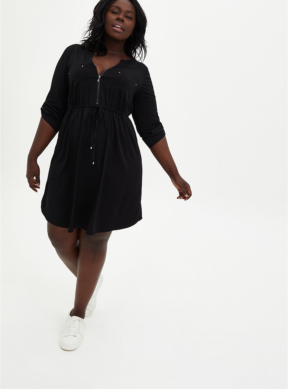 Plus Size Mini Challis Zip-Front Shirt Dress, BLACK, hi-res