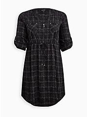 Mini Challis Zip-Front Shirt Dress, PLAID BLACK, hi-res