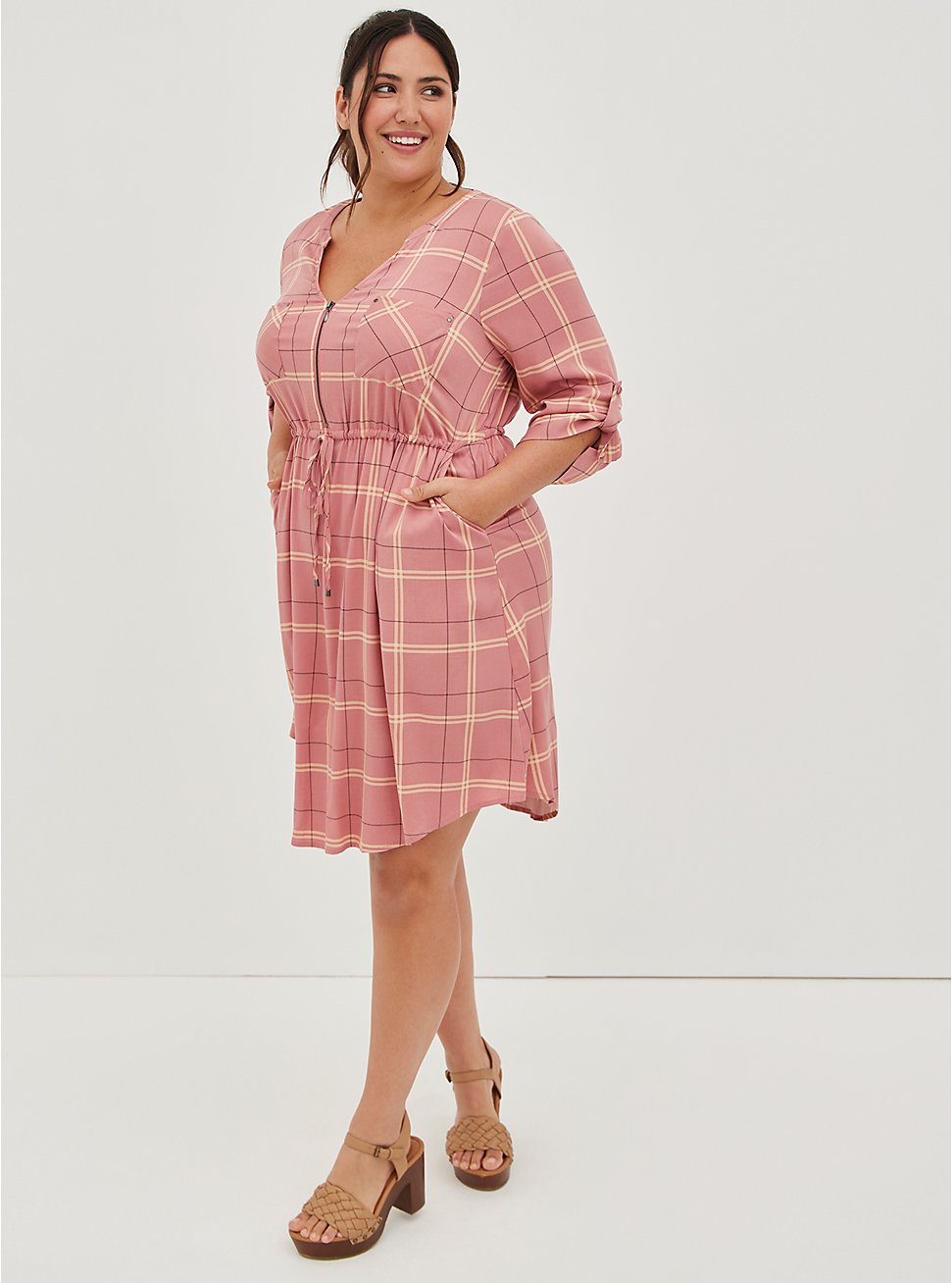 Mini Challis Zip-Front Shirt Dress, ROSE PLAID, hi-res