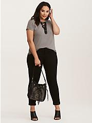 Plus Size Knit Jersey Deep V Lace-Up Tee, LIGHT GRAY, hi-res