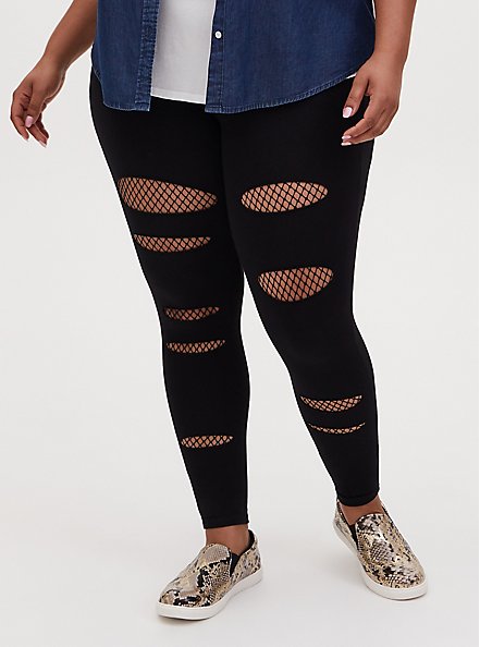 Plus Size Premium Legging - Slashed Fishnet Underlay Black, BLACK, alternate