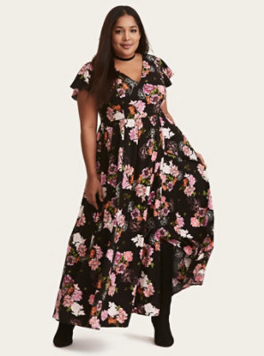 Plus Size - Black Floral Print Challis Maxi Dress (Short Inseam Now ...