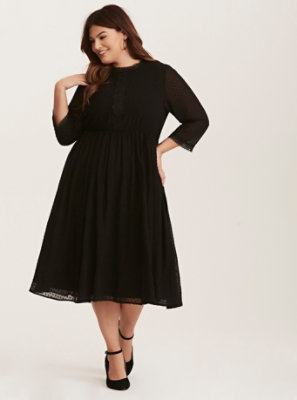 Plus Size - Black Textured Chiffon Lace Inset Midi Dress - Torrid