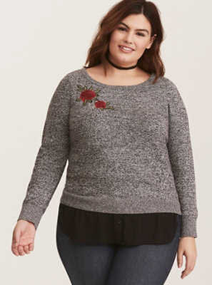 Plus Size - Black & White Marled Embroidered Chiffon Trim Sweater - Torrid