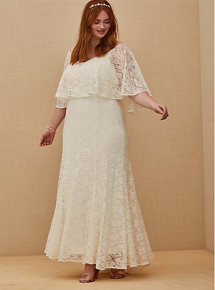 Plus Size Ivory Lace Capelet Wedding Dress, CLOUD DANCER, alternate