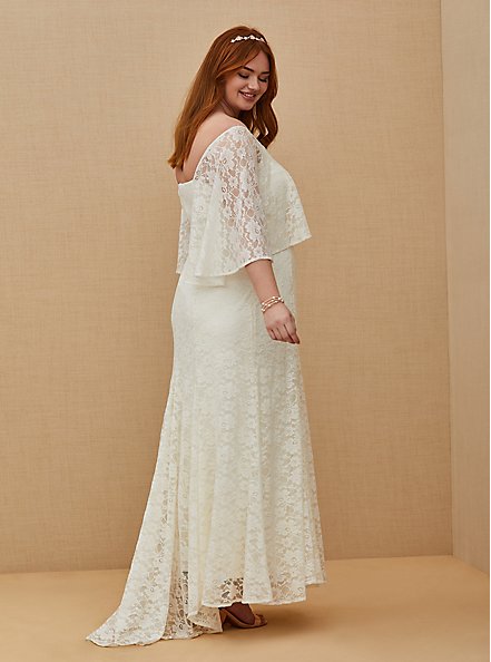 Plus Size Ivory Lace Capelet Wedding Dress, CLOUD DANCER, hi-res