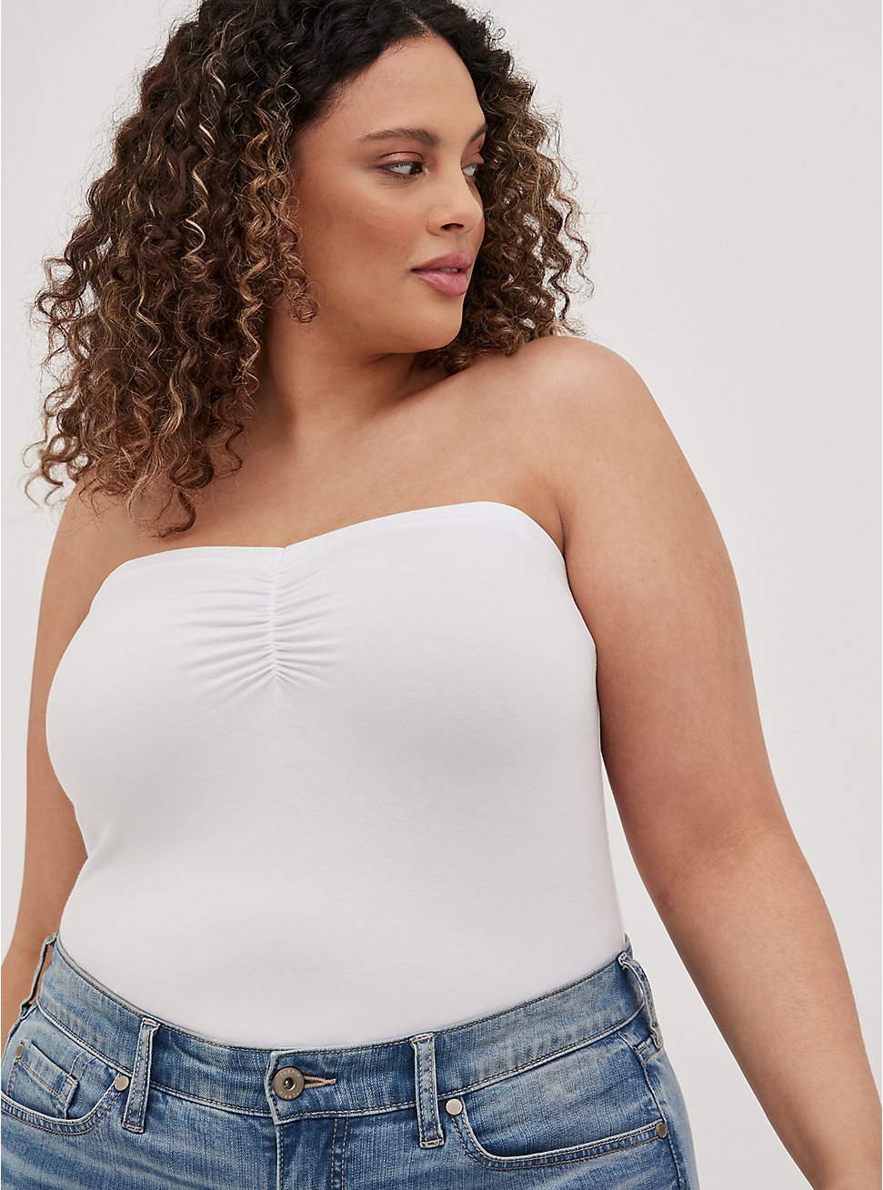 Plus Size White Ruched Foxy Tube Top, BRIGHT WHITE, hi-res