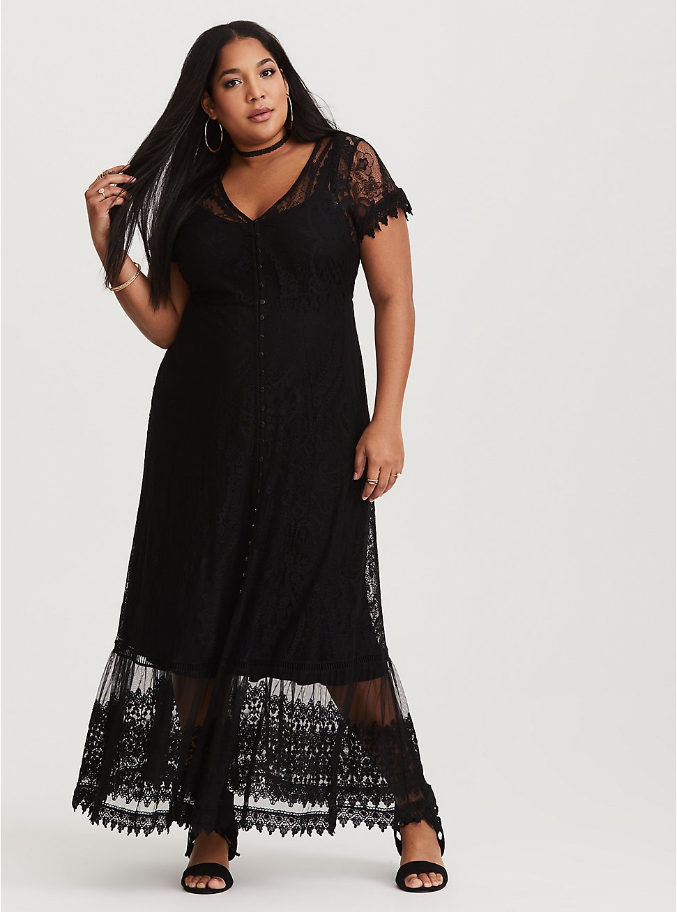 Maxi Lace Button-Front Dress, DEEP BLACK, hi-res