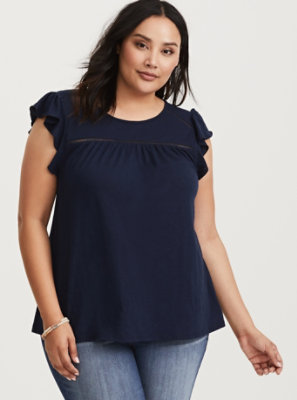 Plus Size - Navy Eyelet Ruffle Sleeve Top - Torrid