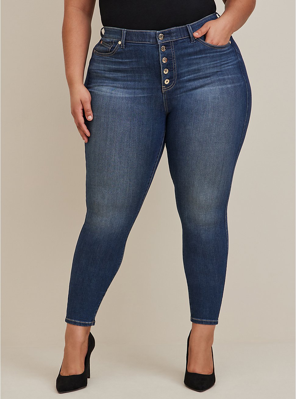 Plus Size Bombshell Skinny Premium Stretch High-Rise Jean, HOLLYWOOD BUTTON FLY, hi-res