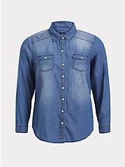 Plus Size Medium Wash Denim Button-Up Shirt, DARK DENIM, hi-res