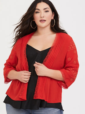 Plus Size - Orange Embroidered Gauze Kimono - Torrid