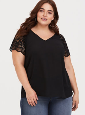 Plus Size - Black Lace Sleeve Georgette Blouse - Torrid