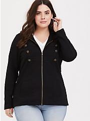 French Terry Military Hooded Jacket, BLACK, alternate