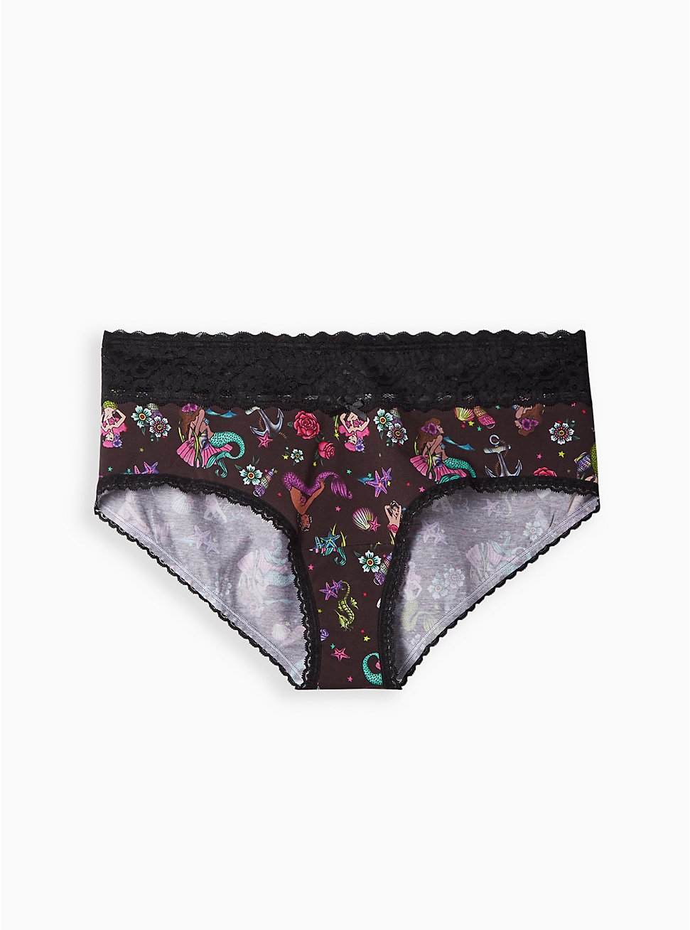 Cotton Mid-Rise Cheeky Lace Trim Panty, SPACED MERMAID TAT BLACK, hi-res