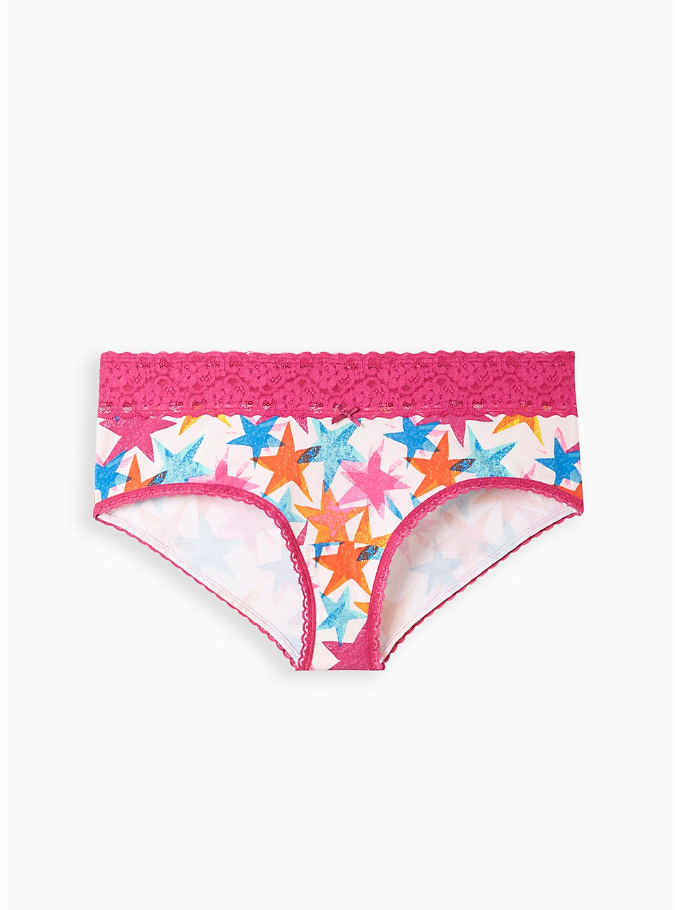 Plus Size Cotton Mid-Rise Cheeky Lace Trim Panty, PINK FLOW STAR, hi-res