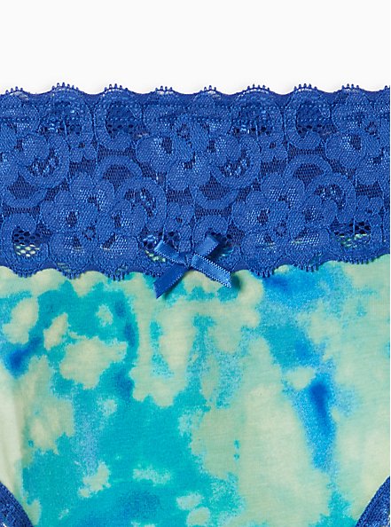 Cotton Mid-Rise Thong Lace Trim Panty, BOLTS TIE DYE BLUE, alternate