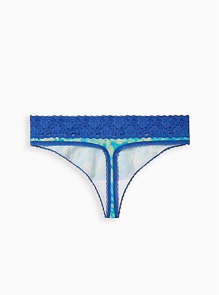 Cotton Mid-Rise Thong Lace Trim Panty, BOLTS TIE DYE BLUE, alternate