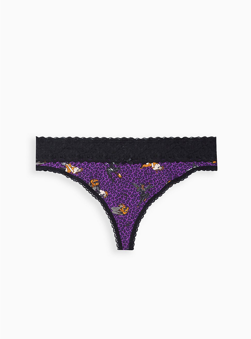 Cotton Mid-Rise Thong Lace Trim Panty, PIN UP HALLOWEEN PURPLE, hi-res