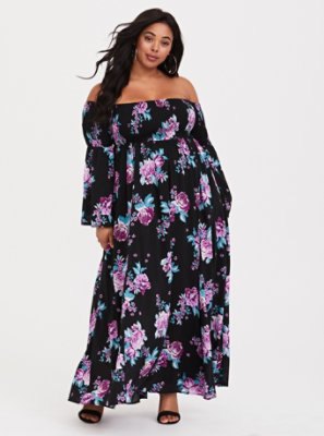 Plus Size - Black Floral Smocked Off Shoulder Maxi Dress - Torrid