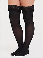 Plus Size Black Lace Thigh High Tights, BLACK, hi-res
