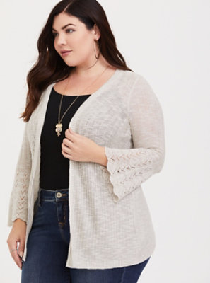 Plus Size - Grey Bell Sleeve Pointelle Cardigan - Torrid