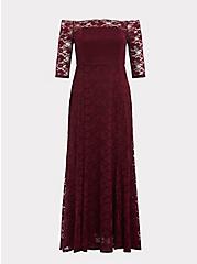 Special Occasion Burgundy Red Lace Off Shoulder Maxi Dress, DEEP MERLOT, hi-res