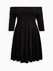 Black Off Shoulder Skater Dress, DEEP BLACK, hi-res