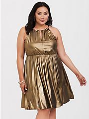 Gold Shimmer Halter Skater Dress, GOLD, hi-res