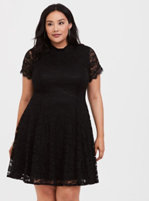 Plus Size - Black Lace High Neck Skater Dress - Torrid