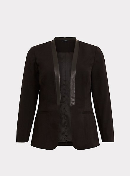 Tuxedo Blazer - Stretch Crepe & Faux Leather Trim Black, DEEP BLACK, hi-res