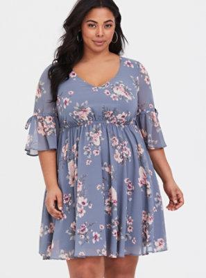 Plus Size - Blue Floral Chiffon Skater Dress - Torrid