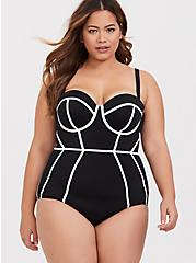 Slim Fix Underwire Piping One Piece Swimsuit, DEEP BLACK, hi-res