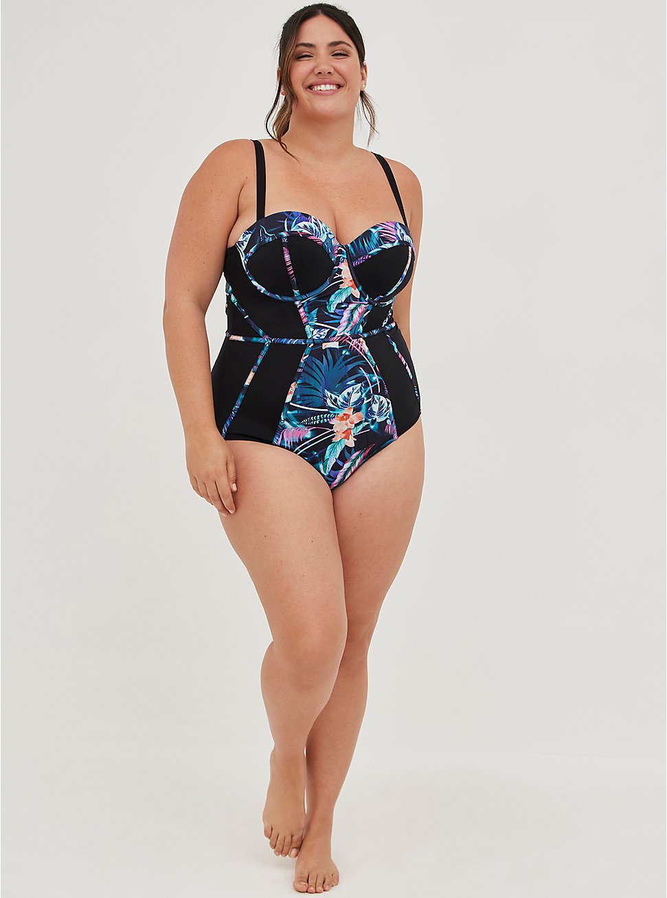 Plus Size Slim Fix Underwire Piping One Piece Swimsuit, DREAMY TROPICAL, hi-res
