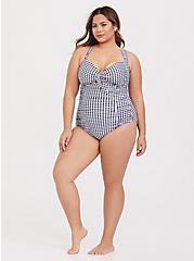 Navy Gingham Tie Front Wireless Ruched One-Piece Swimsuit, MULTI, alternate
