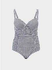 Navy Gingham Tie Front Wireless Ruched One-Piece Swimsuit, MULTI, hi-res