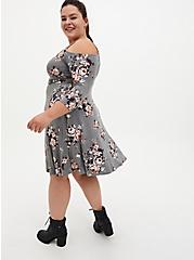 Plus Size Grey Floral Jersey Skater Dress, ROSEY GARDEN, alternate