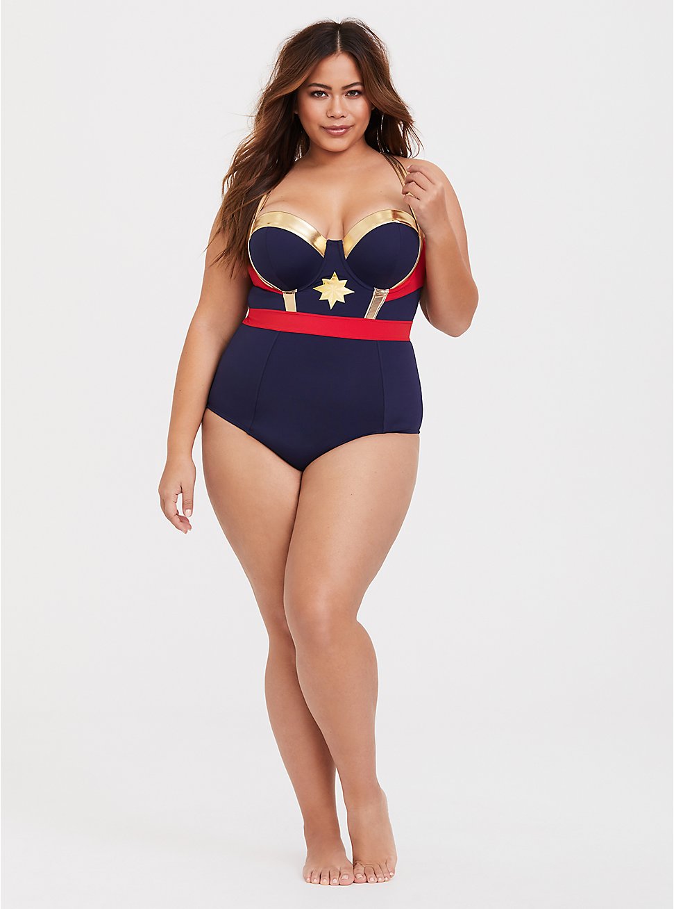 Her Universe Captain Marvel Wireless One-Piece Swimsuit, MULTI, hi-res