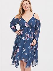 Plus Size Blue Floral Cold Shoulder Chiffon Dress, BLUE FLORAL, alternate