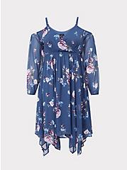 Plus Size Blue Floral Cold Shoulder Chiffon Dress, BLUE FLORAL, hi-res