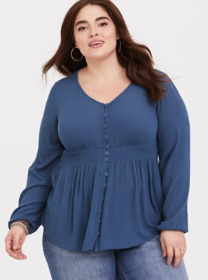 Plus Size - Blue Gauze Smocked Blouse - Torrid